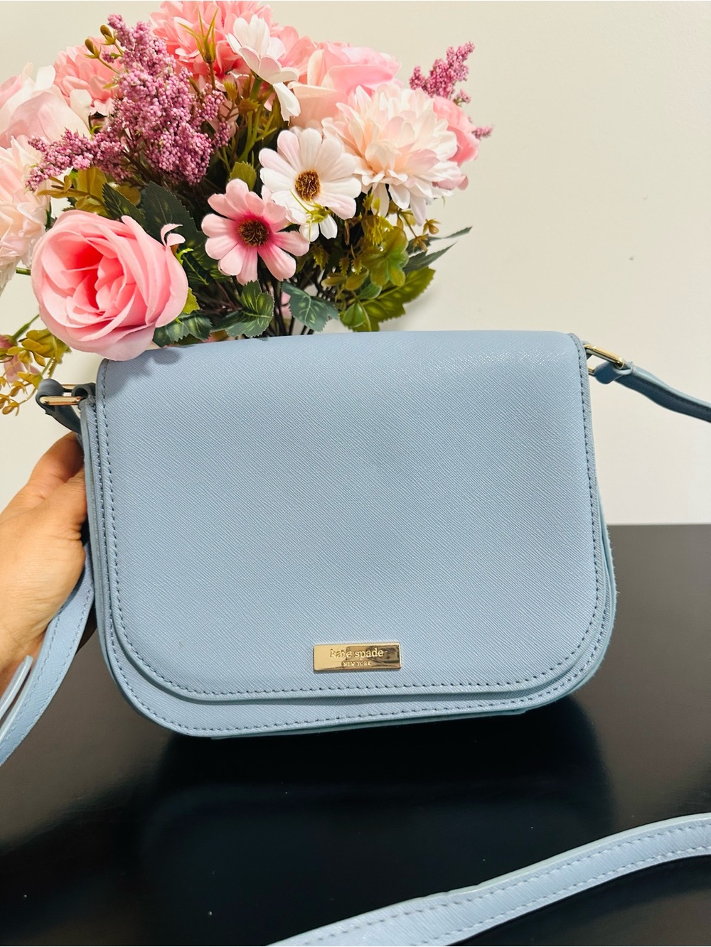 kate spade Light Blue Saffiano Crossbody with Gold Plaque - Picture 5 of 5